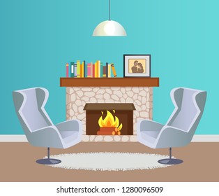 Interior of room in blue color of wallpaper with hanging lump, fireplace with burning firewood decorated with books. Grey armchairs and mat vector