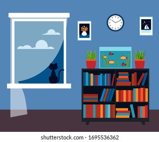 interior de la habitación con biblioteca, acuario y ventana. ilustración vectorial.