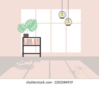 Interior of room with bookcase and plants for overlapping, flat vector illustration with window and shadow, no people
