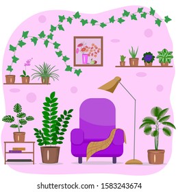 The interior of the room with a chair, potted flowers, floor lamp. Vector stock image of the interior of the room in a flat style. The concept of a cozy room with flowers