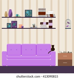 Interior. Room, couch interior. Purple couch. Flat style interior.  Room interior for card, invitation, book, note book, sketch book. Interior, couch, cat. Room interior. Couch. Cat on couch. Room