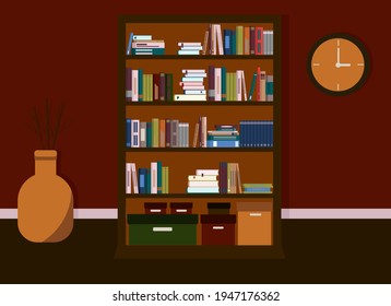 Das Innere des Zimmers ist in dunklen Farben gehalten. Im Inneren gibt es eine Bibliothek mit Büchern.
