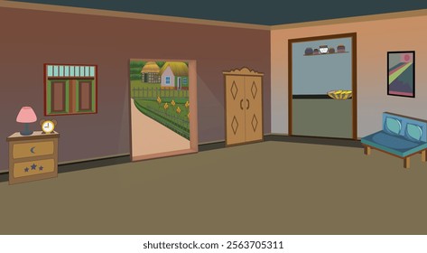 Interior room design with open doors to village landscape, minimalist furniture, and warm color palette