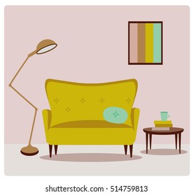 Interior room design. Print poster, presentation. Flat design illustration.