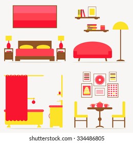 Interior room design set. Bedroom, living room, bathroom, dining room. Modern furniture on background. Contemporary apartment interior. Flat style vector illustration. 