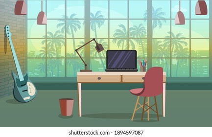 El interior de una habitación con escritorio. Diseño de una habitación independiente. Ilustración de estilo plano vectorial
