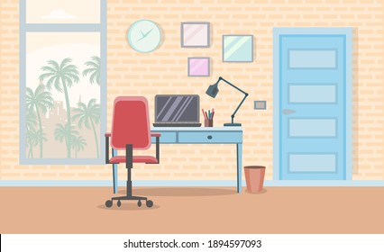 El interior de una habitación con escritorio. Diseño de una habitación independiente. Ilustración de estilo plano vectorial