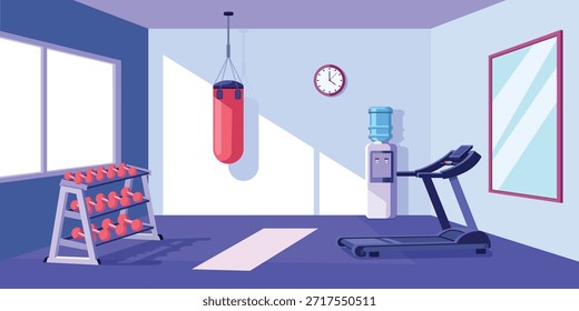 Habitación interior con equipo de ejercicio que incluye cinta de correr y saco de boxeo con ventana que muestra la vista al aire libre