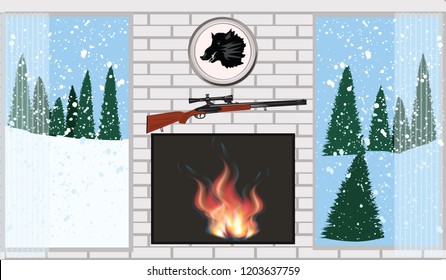 The interior of the room - a fireplace with bright fire - the view from the windows on the falling snow and spruce forest, hunting attributes - vector. Winter vacation.