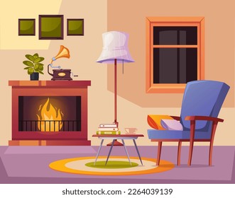 Sala interior con chimenea acogedora decoración de dibujos animados caseros. Ilustración del diseño gráfico del vector