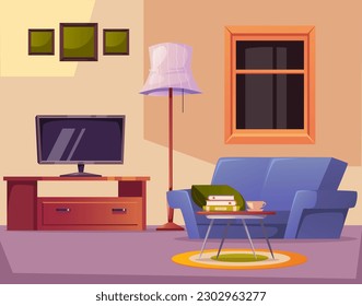 Interior room with fireplace cozy home cartoon concept. Vector graphic design illustration