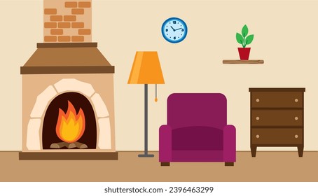 Interior of a room with a fireplace. A sitting room with a cozy chair, a chest of drawers, a lamp and a wall clock. Vector illustration