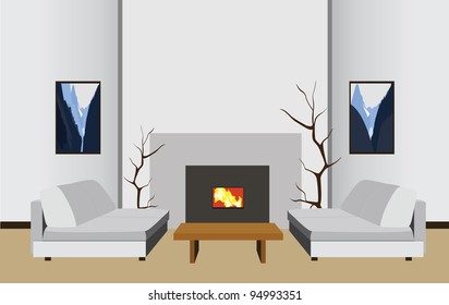 interior room with fireplace, vector illustration