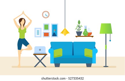 Interior of the room, furniture for relaxing. Girl at home, standing on the rug and pulling your hands up, taking a pose. Restores strength and emotional balance. Healthy lifestyle.