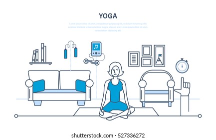 Interior of the room, furniture for relaxing, quiet atmosphere. Girl at home, in the lotus posture, doing yoga and rejuvenation. Illustration thin line design of vector doodles, infographics elements.