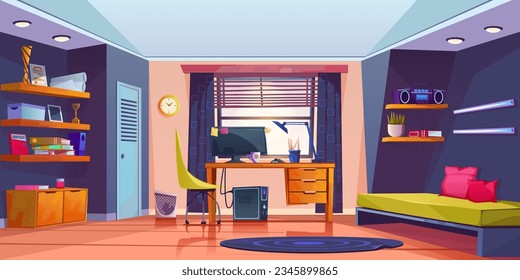 The interior of the room of a high school student or university student. Attic room, modern loft-style room. Student's workplace, computer, office supplies, shelves with books. Vector illustration.