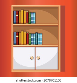 Interior room home library. on red Background. Vector illustration.