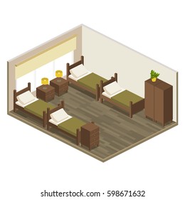 Interior room hostel in isometric. quadruple room hotel in flat 3D style with furniture 4 beds, window, bedside table, wardrobe, chest of drawers. vector illustration of isolated layers