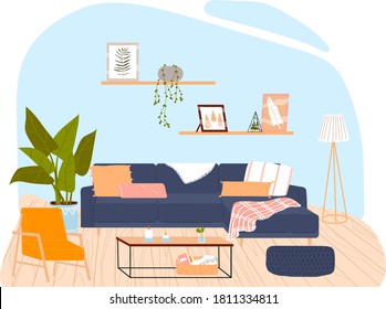 Interior room in house, colorful decor, modern furniture, stylish living room, cartoon vector illustration, isolated on white. Flower pot, trendy paintings on wall, soft pillows on sofa, green plants.