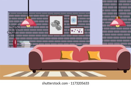 Interior of the room with a large red sofa, accessories and fixtures. Modern design loft style, vector illustration