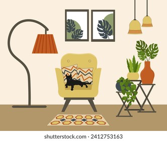 Interior of a room, living room. An armchair with pillows and a cat, a rug, stands with flowers in pots, paintings and a floor lamp. Furniture items. Vector flat linear illustration. For promotional