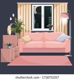 Interior of a room, living room in the evening.A pink sofa stands by the window with curtains, a shaded floor lamp, a square shelf, and a gold round clock. It's dark outside and the moon is shining