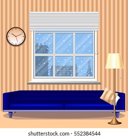 The interior of the room. Living room with a large window. Behind a window winter. A large blue sofa. Floor lamp. Wall clock. Vector illustration .