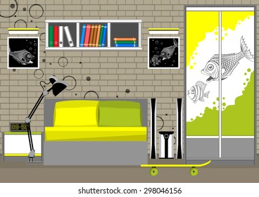 Interior room in the loft for teen boys. Set subjects.
