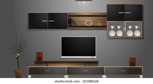 Interior room with modern furniture, TV, dishes in the cupboard and houseplant in brown flowerpot. The lamp lights and the shadow of each object.