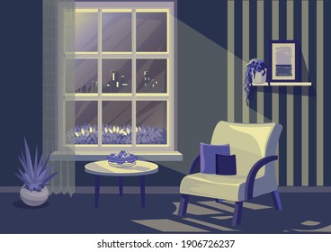 The interior of the room at night with a window and moonlight, furniture and plants. Background vector illustration.