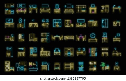 Interior room. Objects in house. Home inside furniture icons set. Outline illustration of 50 Interior room objects house inside furniture vector icons neon color on black