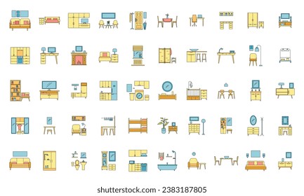 La sala interior. Objetos en casa. Iconos de muebles internos de casa. Ilustración de contorno de 50 objetos de habitación interior casa dentro de muebles vectoriales iconos de línea delgada plano sobre blanco