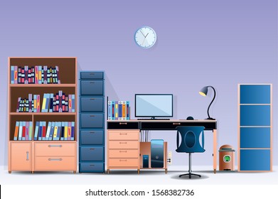 Interior room Office layout Design a comfortable office room Illustration vector On cartoons style Wall shadow colorful background