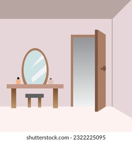 interior of room with open door modern dressing table, vector interior of pink room