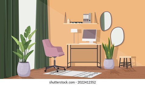 The interior of the room with a purple office chair, a table and a computer is designed in a minimalist style. Vector illustration, cartoon, flat