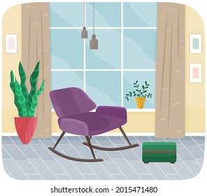 Interior of room with purple rocking chair, striped carpet and large window. Living room interior with furniture for elderly, rocking chair. Arrangement of furniture and decorations in apartment