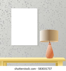 Interior room realistic mockup with vertical poster paper on patterned wall, wooden table, lamp. Layered and editable,fashion trendy warm colors. Vector mockup for business or artwork presentation
