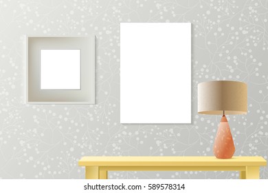 Interior room realistic mockup with vertical poster paper on patterned wall, wooden table, lamp. Layered and editable,fashion trendy warm colors. Vector mockup for business or artwork presentation