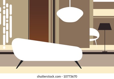 Interior of a room in retro style with a white sofa