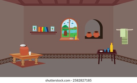 Interior of a room with simple mud pot,window,wooden table,door,mirror,bookshelf.Indian village mud house inside house design vector illustration