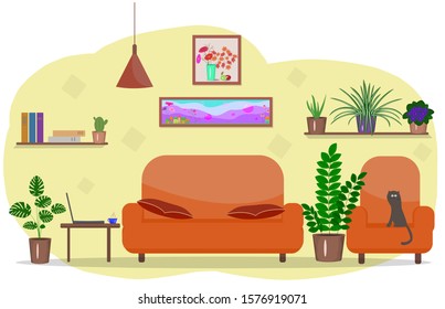 Interior room with a sofa, an armchair, a table with a computer, potted flowers, a cat, paintings on the wall. Vectorneo stock image