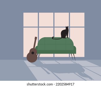 Interior of room with sofa, guitar and cat, flat vector illustration with window and shadow in evening, no people