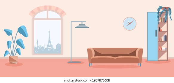 The interior of the room with a sofa, houseplants, wardrobe and a beautiful view from the window. Vector illustration