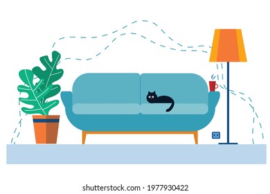 Interior room with sofa, lamp, plant and cat, can be used for renting house or flats advertisement. 