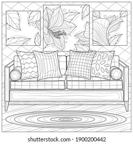 
Interior. Habitación con sofá y cuadros.Antítesis de libro de colores para niños y adultos. Ilustración aislada sobre fondo blanco. Estilo zenano-margino. Dibujo en blanco y negro