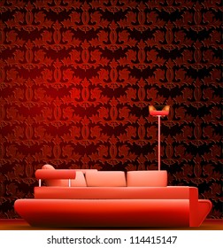 Interior of a room with sofa and red wallpaper. Vector illustration