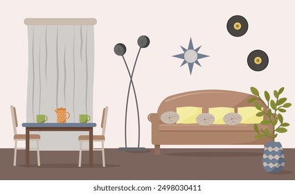 Interior of a room with a sofa, table and chairs. Decorative plants and books, vase and flowers. Coffee pot and cups. Vector illustration