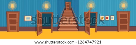 Interior room with a stairs and doors. Vector illustration of cartoon corridor.