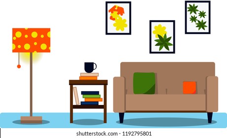 interior room in the style of flat. The illustration contains: a sofa, a floor lamp, a cube with books, a cup, paintings.