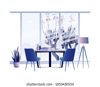 The interior of the room with a sweeping view through the floor-to-ceiling window which lends a sense of light. Elegant furniture, cozy touches, and soft colors make it feel extra inviting.